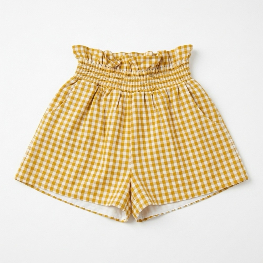 English Factory Shorts Womens M Yellow NWOT Gingham Smocked Paperbag Ruffle Trim